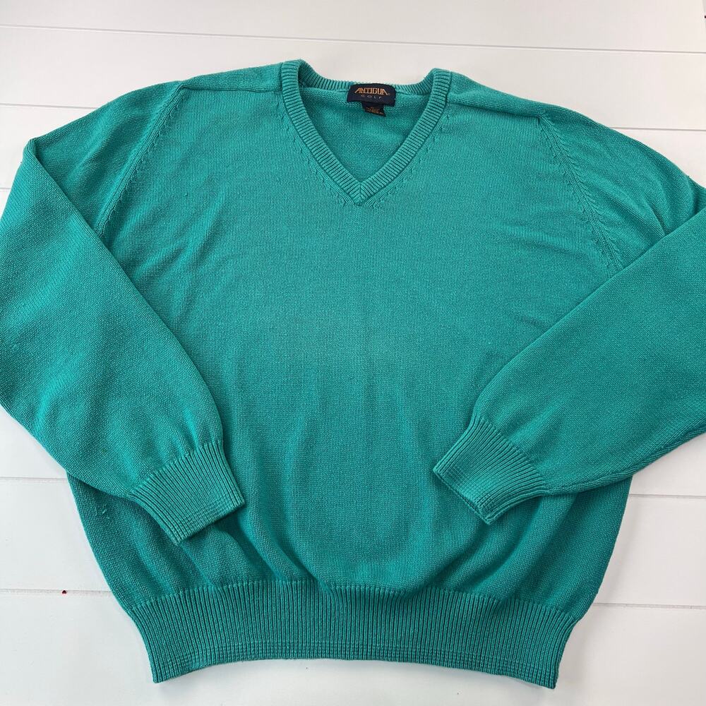 Antigua Golf vintage V-Neck Green Sweater Cotton Knit men’s size XL